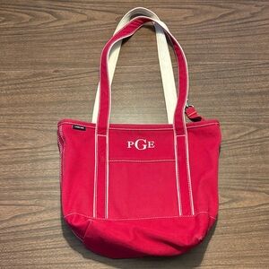 Lands End Red Medium Open Top Canvas Tote Bag Monogram